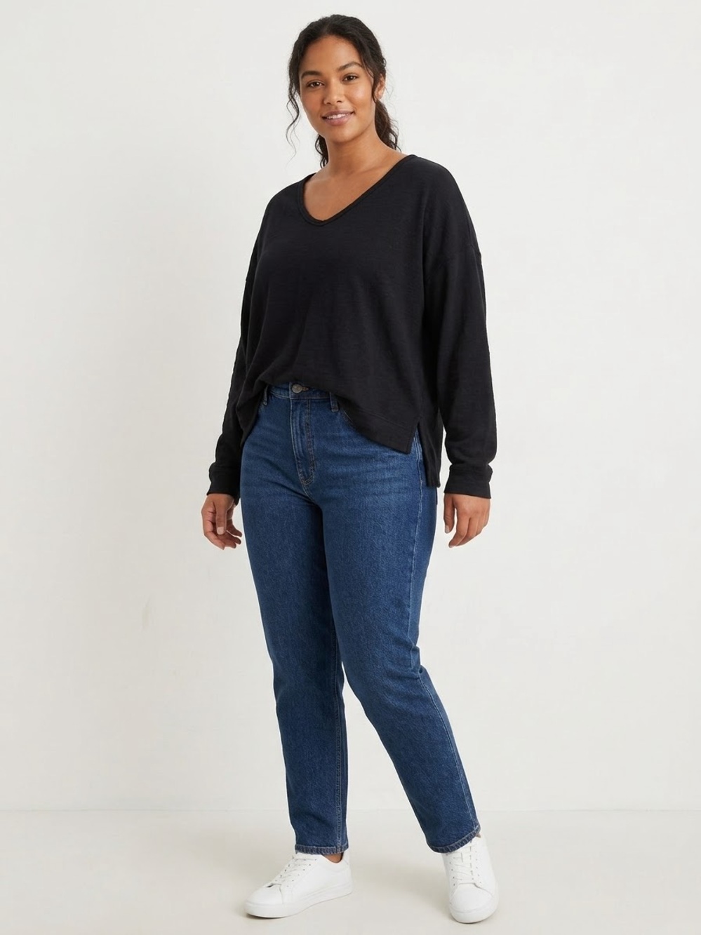 Aerie Cotton V‑Neck Long‑Sleeve Top – Black, Size Medium
